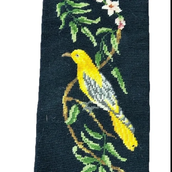 Vintage Needlepoint Bell Pull Wall Tapestry Birds Floral Black 52” Long - Picture 4 of 7